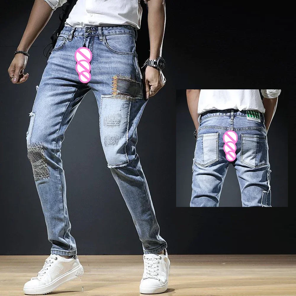 

Handsome Patch Ripped Men's Jeans Fashion Slim Fit Invisible Open Crotch Outdoor Sex Embroidery Casual Pants Trendy Versatile