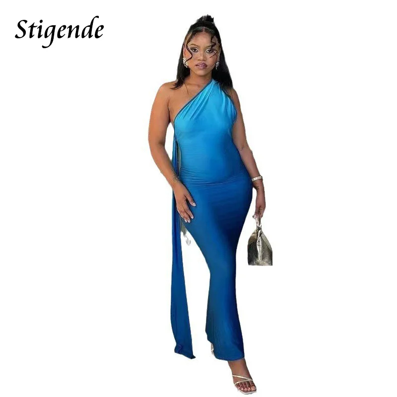 Stigende Women Sexy One Shoulder Gradient Color Dress Slash Neck Skinny Cocktail Party Dress Patchwork Ruched Bandage Long Dress