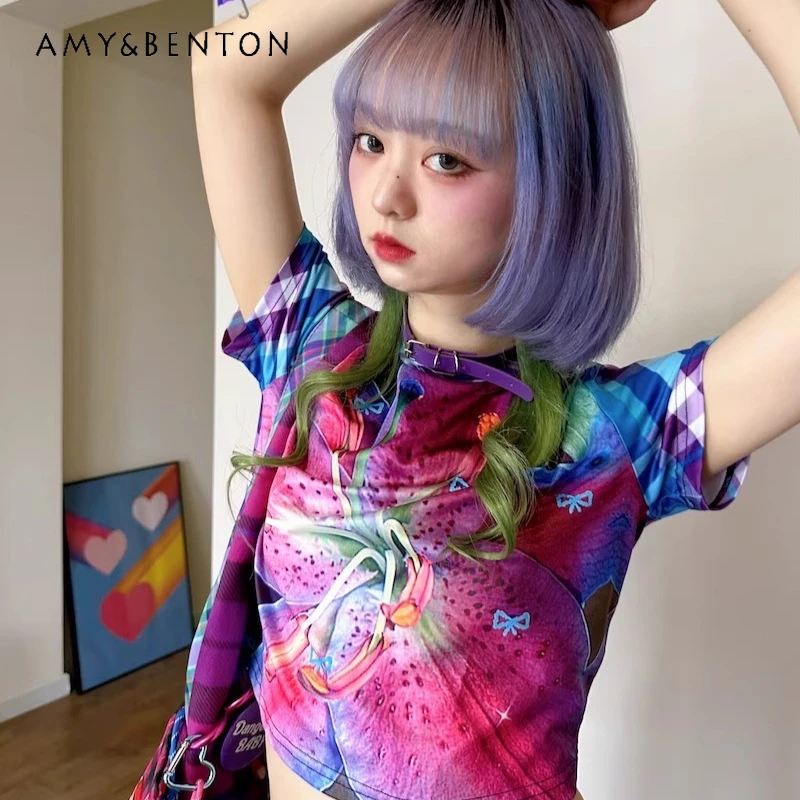 

Original Design Retro Short Floral Plaid Splicing Cute Women's T-Shirt 2025 Summer New Loose Slimming Round Neck T-Shirts Ladies