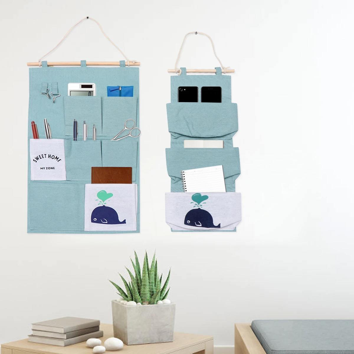 

2pcs Large 7Pockets Small 3Pockets Fabric Storage Cotton Linen Pe Waterproof Hanging Storage Bag Multi Layer Wall Hanging Bag