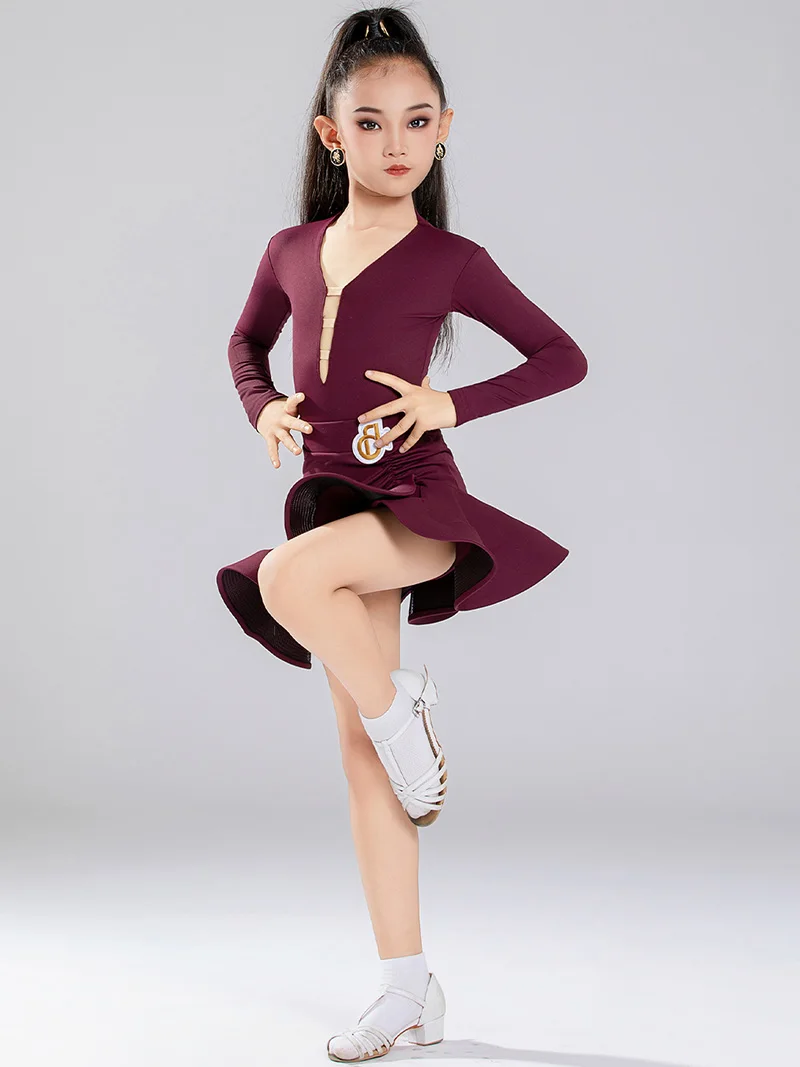 Latin danskostuum voor kinderen, meisjes, bodysuit met lange mouwen en rokken, kinderdanskleding, wedstrijdprestatie, oefenpak