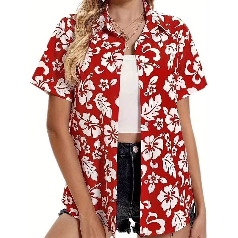 Women's Hawaiian Tropical Flower Button Front Shirt Short Sleeve Blouse Hawaiian Print Casual Beachwear Top for Vacation Travel
