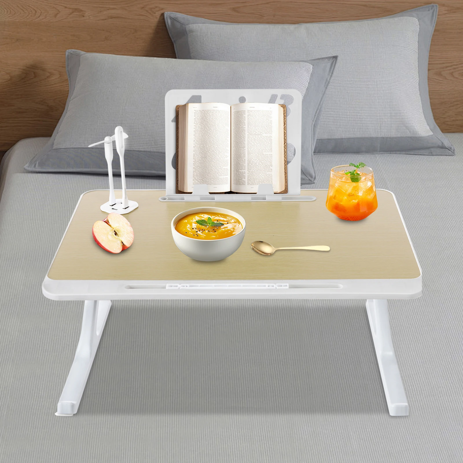 Opvouwbaar bed aluminium laptoptafel, houtkleur/grijs rechthoekig multifunctioneel lapdesk 60*40cm voor slaapzalen, slaapkamers