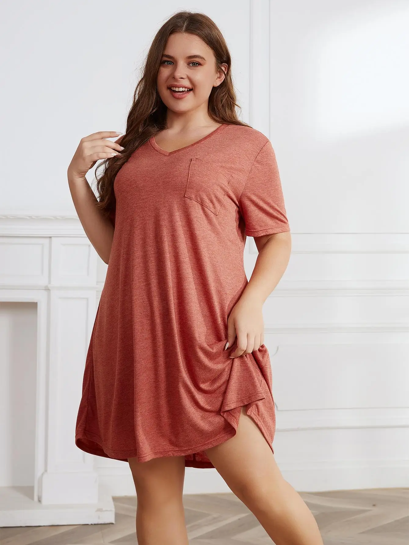 Plus Size Solid Color Women Dresses V Neck Short Sleeve Summer Robe Oversized Femle Shirt Dress Clothing A Line Gown With Pocket