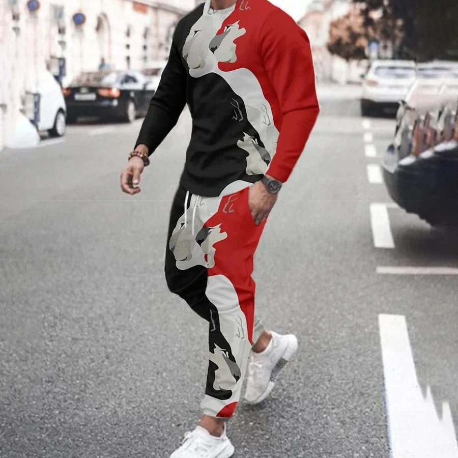 Men Spring Autumn Tracksuit 3D Print Long Sleeve T-Shirt+Pants 2 Piece Suit Stree Casual Oversized Vintage Pullover High-quality