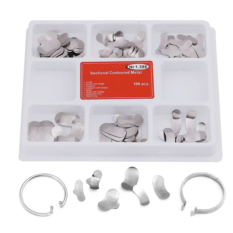 

100 Pcs Dental Sectional Matrix Bands with 2 Rings and Forming Clips for Posterior Restorations Size 35 No 1 398