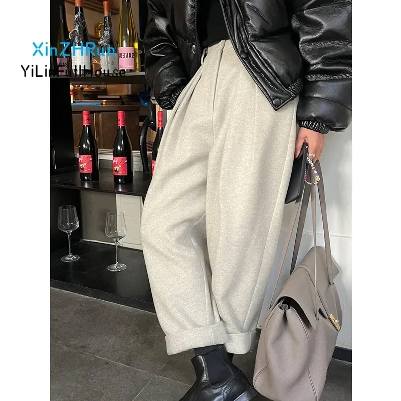 Autumn Winter New Women's Fashion Folding Zipper Hanging Haren Pants Loose Casual Versatile Thick Wool Commuter Nine Cent Pants