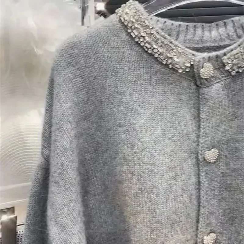 Cardigan en Cachemire à Manches sulfet Col Rond pour Femme, Vêtement Luxueux, Élégant, avec Perles et Diamants, Style Décontracté, Nouvelle Collection Automne