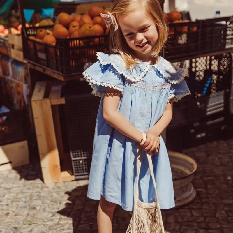 OUYANGIVAN Vestito per bambini Ss25 LM Ragazze estive Ins Stile etnico Vacanza Floreale Risvolto Orlo in pizzo Abito sottoveste Abito per bambini Hoilday