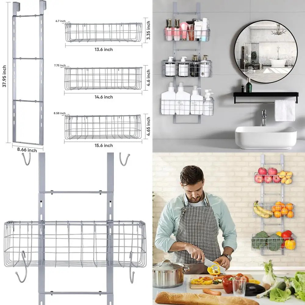 

3-х уровневый подвесной органайзер над дверью — прочная железная стойка для хранения на кухне и в ванной комнате (серый)
