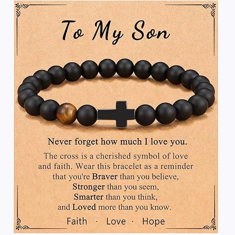 To My Son Gifts Boys Cross Bracelet  - Beads Bracelets Birthday Graduation Retirement Christmas Christian Gift for Teens Boy Son