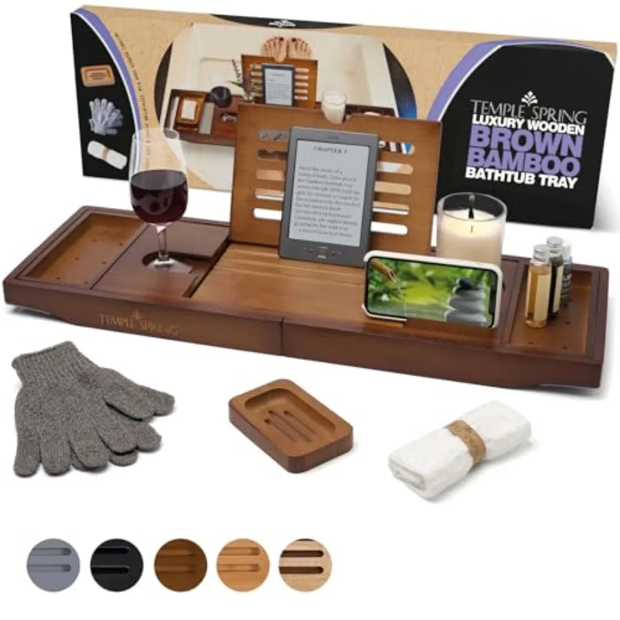 

Bamboo Bathtub Tray Caddy for Tub — Expandable Wood Bath Tray with Solid Book Stand Wine Holder and Non-Slip Pads — Includes Ba
