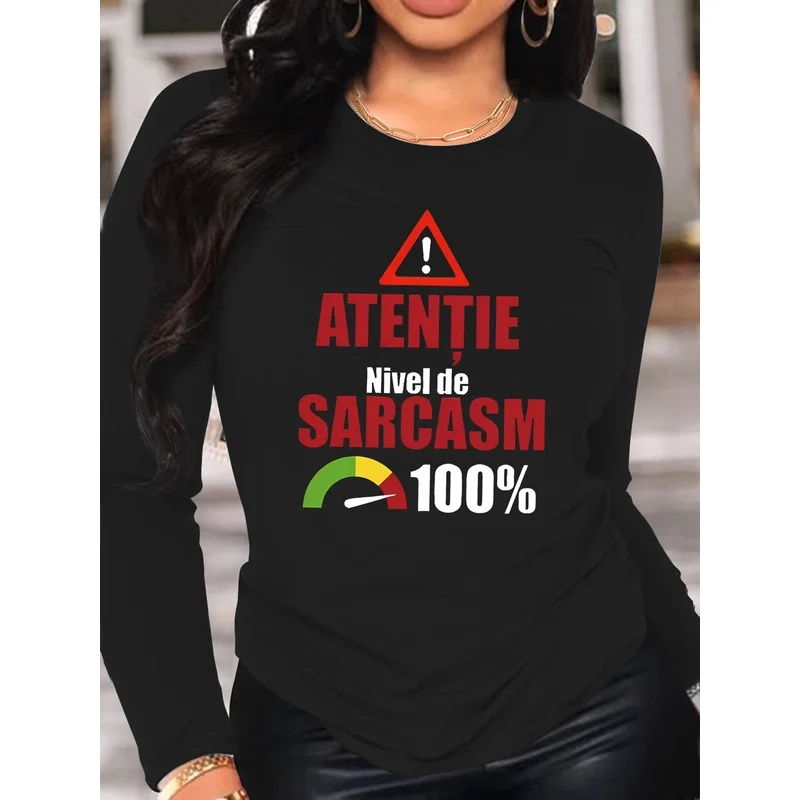 ATENTIE Women's  Sarcasm Level 100 T-Shirt - Funny Warning Label with Full Sarcasm Print, Oversized Crew Neck Long Sleeve Top