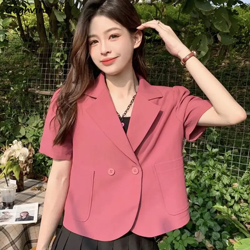 Cropped Blazers Women Solid Short Sleeve Streetwear Summer Loose Popular Office Ladies Pockets Casual Korean Style All-match New