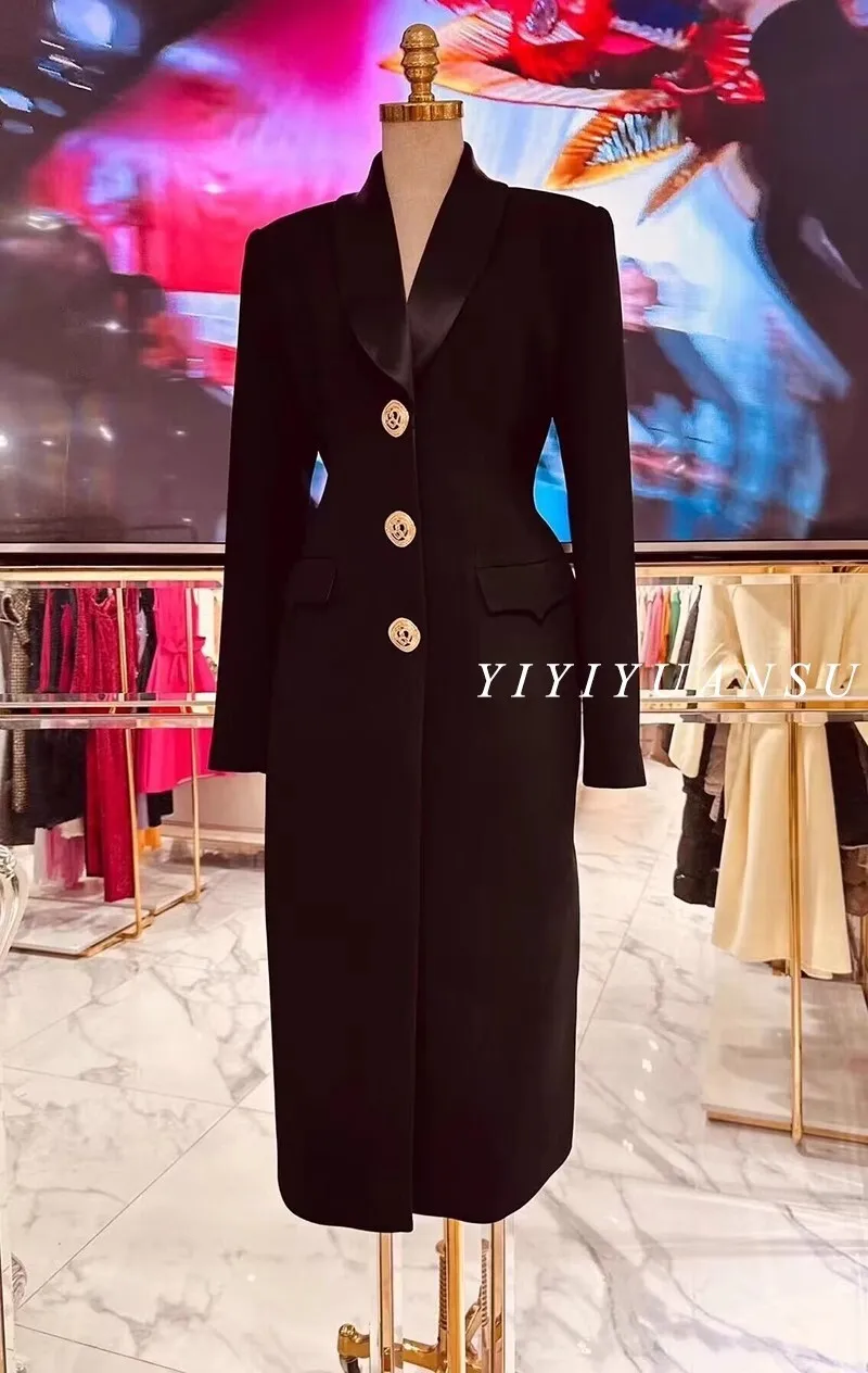 Vintage Black Autumn Winter Clothes Long Sleeve Bodycon Pencil Notched Blazer Suit Coat Midi Dresses Women Office Lady Vestidos