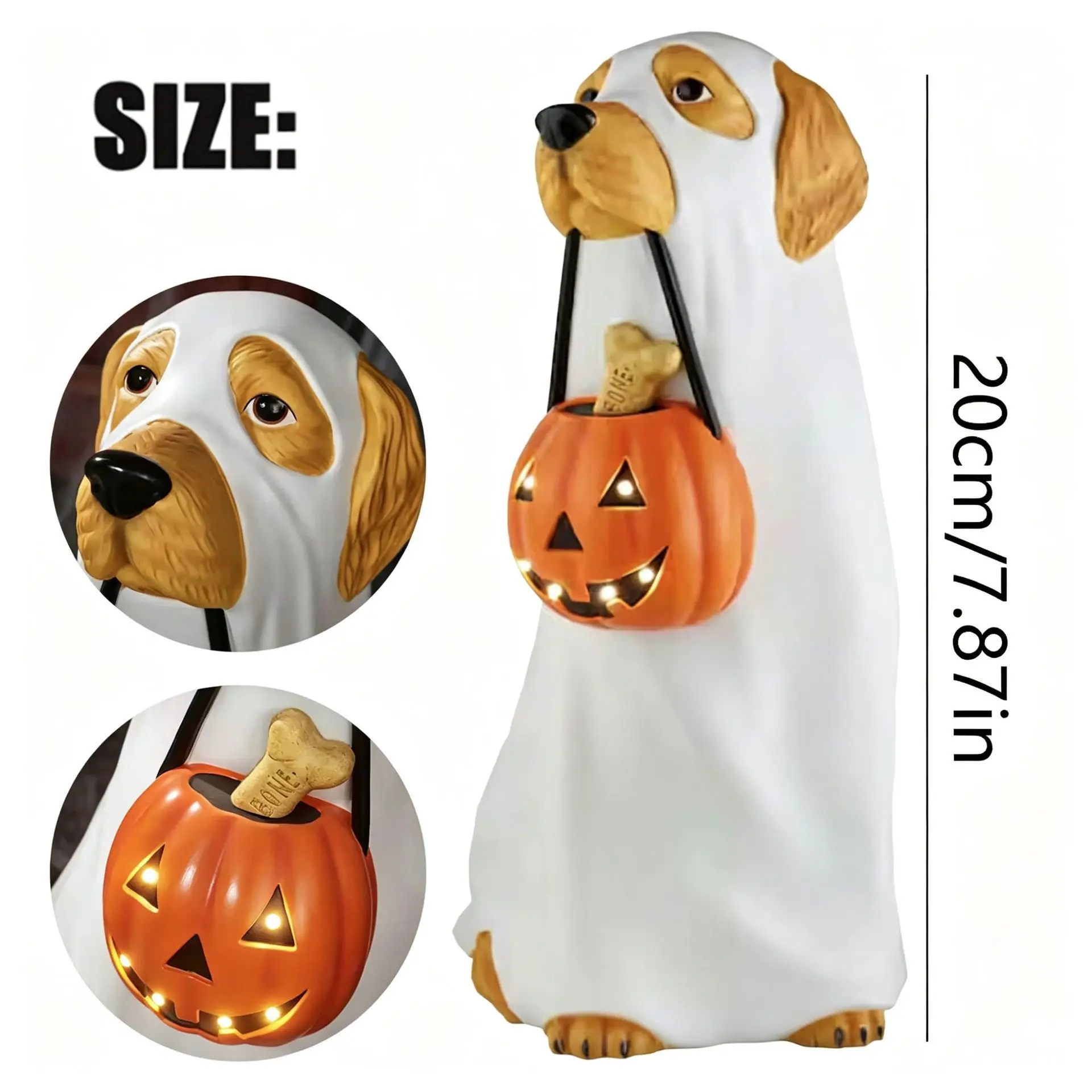 Ghost Dog Resin Figurine with LED Light Pumpkin Bucket Halloween Home Desktop Ornament Trick or Treat Party Decoration Gift