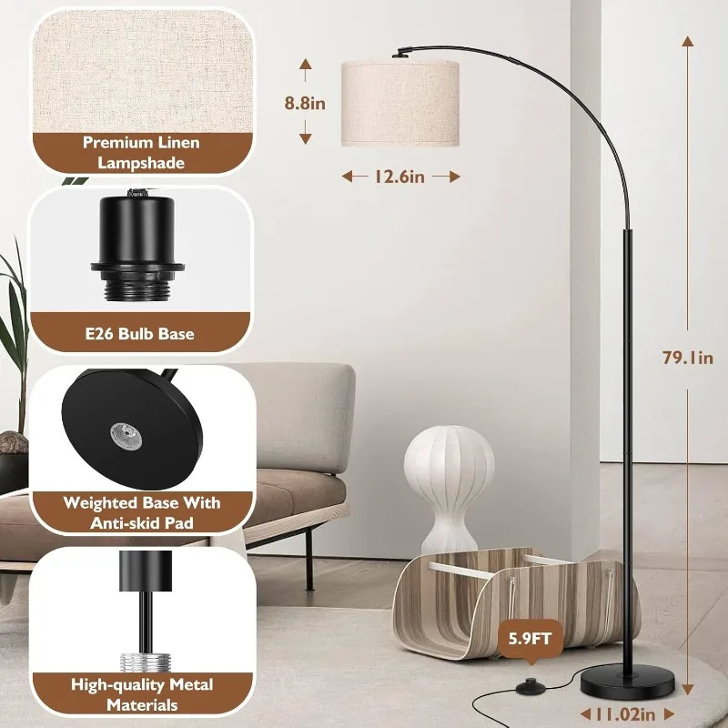 Arc Floor Lamps for Living Room, with Adjustable Hanging Drum Shade, 79'' Black Tall Lamp with Weighted Base & Edison E26 Socket