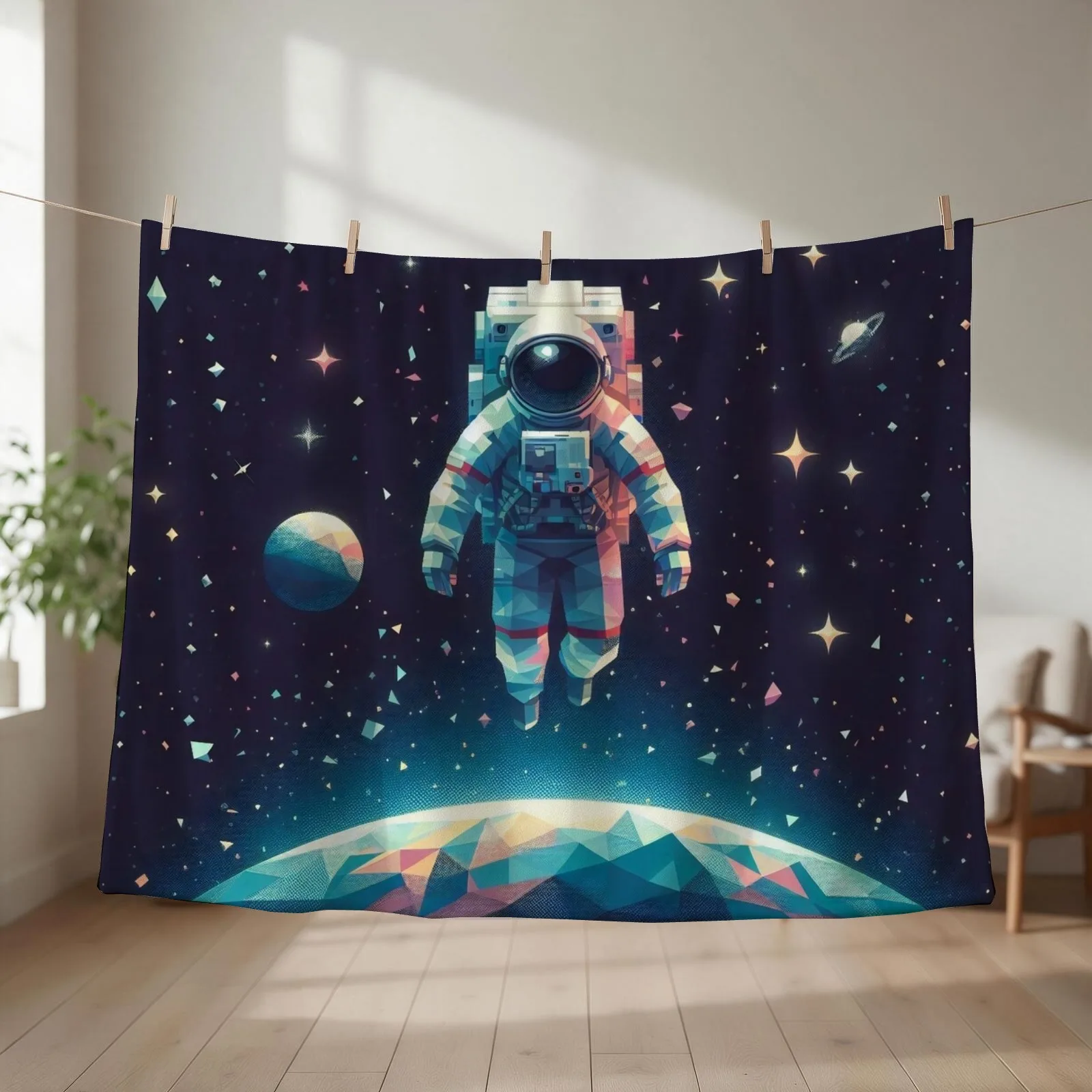 Astronaut Floating Above Geometric Planet in Starlit Galaxy Throw Blanket Baby for babies Polar Thermals For Travel Blankets