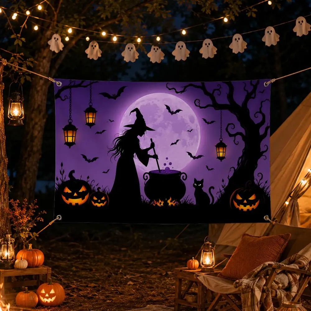 Halloween Silhouette Flags Spooky Halloween Wall Hanging Banner Washable Fade‑Resistant Indoor Outdoor Party Decor