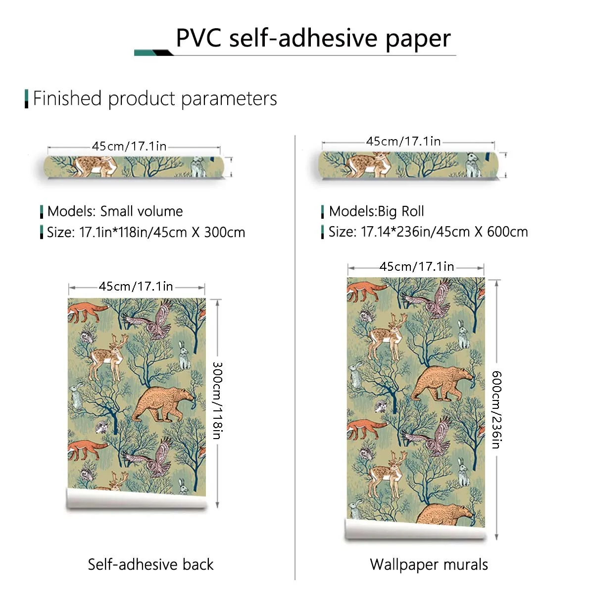 Peel and Stick Tropical Forest Wallpaper for Living Room Rabbit Fox Owl Bear Deer Print Wall Paper Home Kitchen Decor