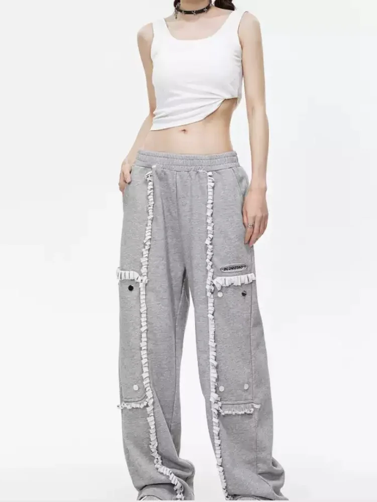 

Spring New Style Street Fashion Splicing Sport Loose Casual All-Match Pure Color Wide Leg Straight Long Pants Unisex