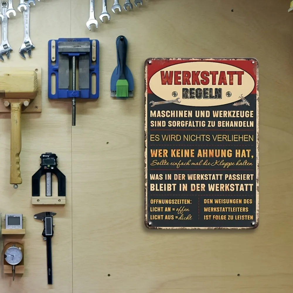 German Werkstatt Regeln Vintage Metal Workshop Sign Waterproof Distressed Red Black Iron Wall Art 30.48x20.32cm Decor Gift For G view 5