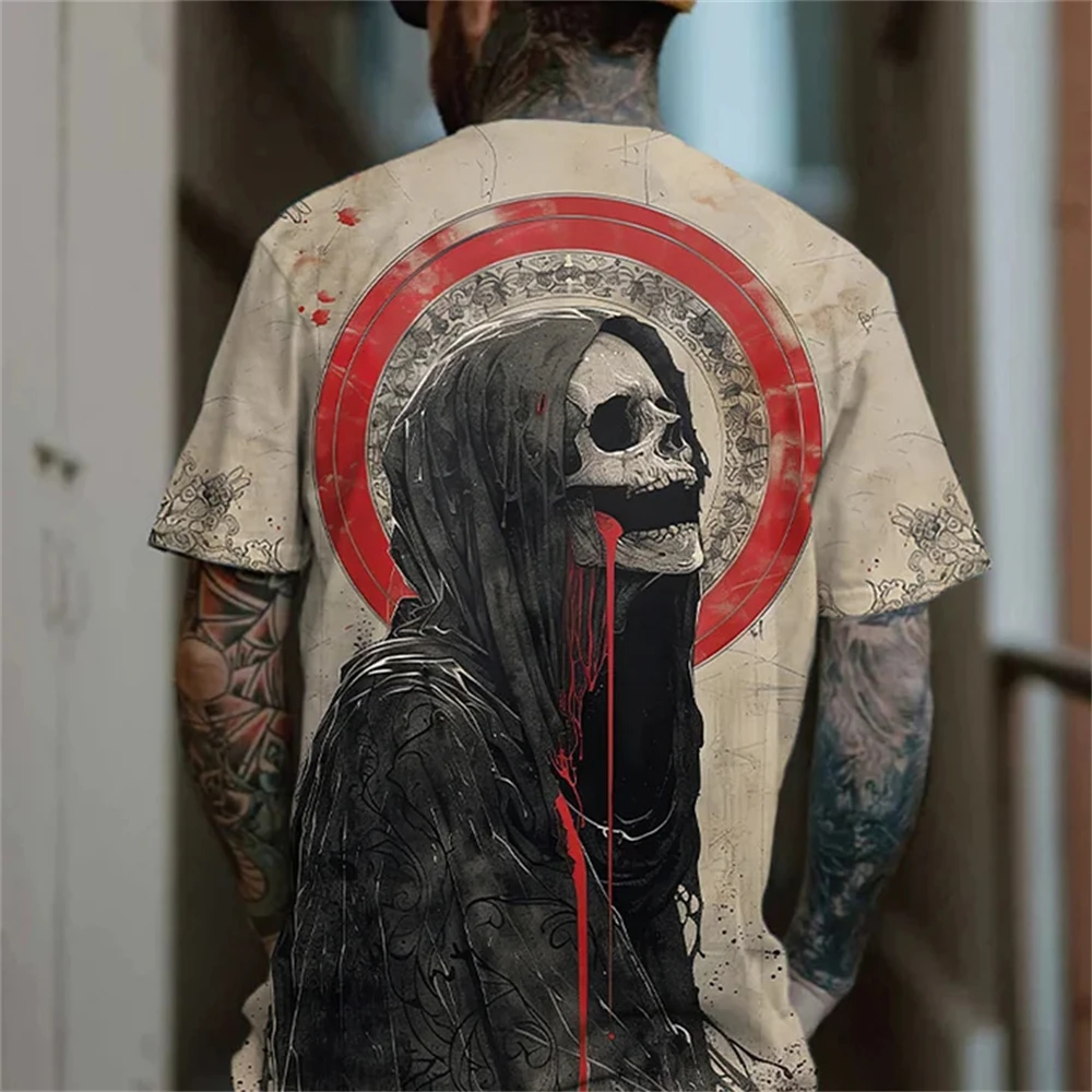 Vintage T Shirt For Men Summer Horror UndeadSkulls Pattern Printed Short Sleeve Oversized T-shirt Loose Men Clothing s-5XL