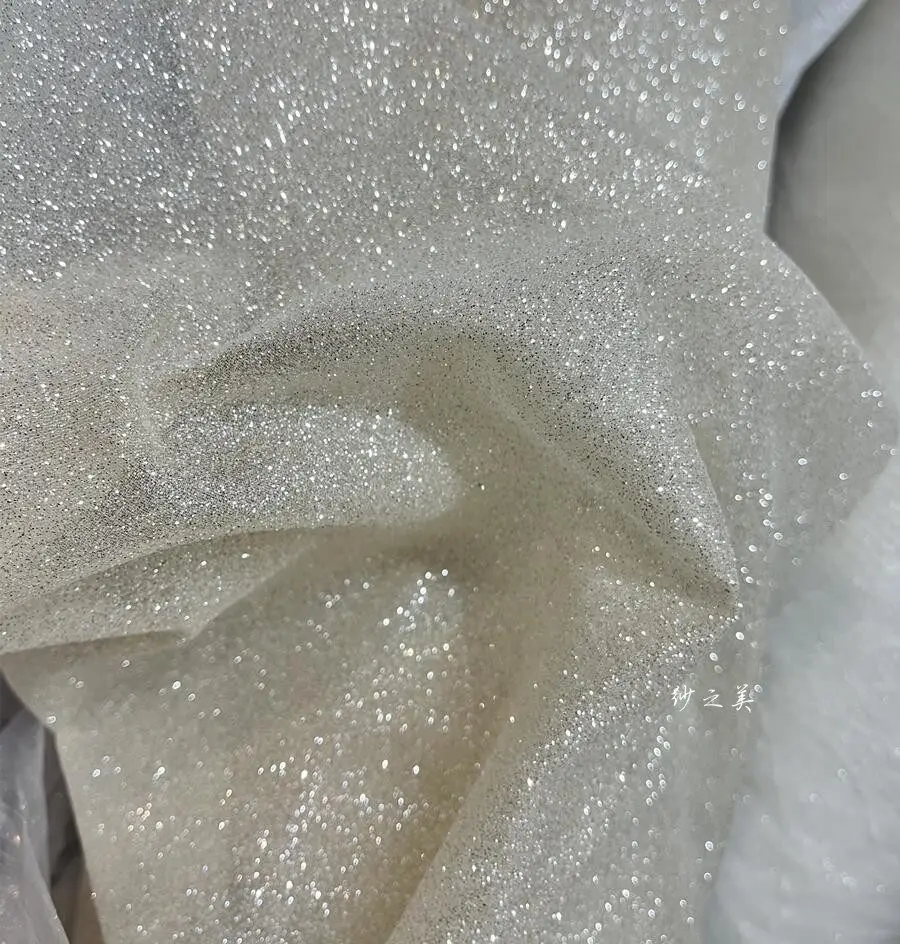 Special Champagne Fine Glitter Hard Mesh Fabric Draping for Wedding Dress Crisp Fabric