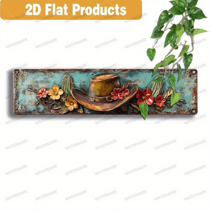 2DPlane, 1 gran placa de metal decorativa para pared con diseño del desierto del suroeste, en turquesa y dorado - Sombrero de vaquero estilo rancho occidental con cactus y flores silvestres