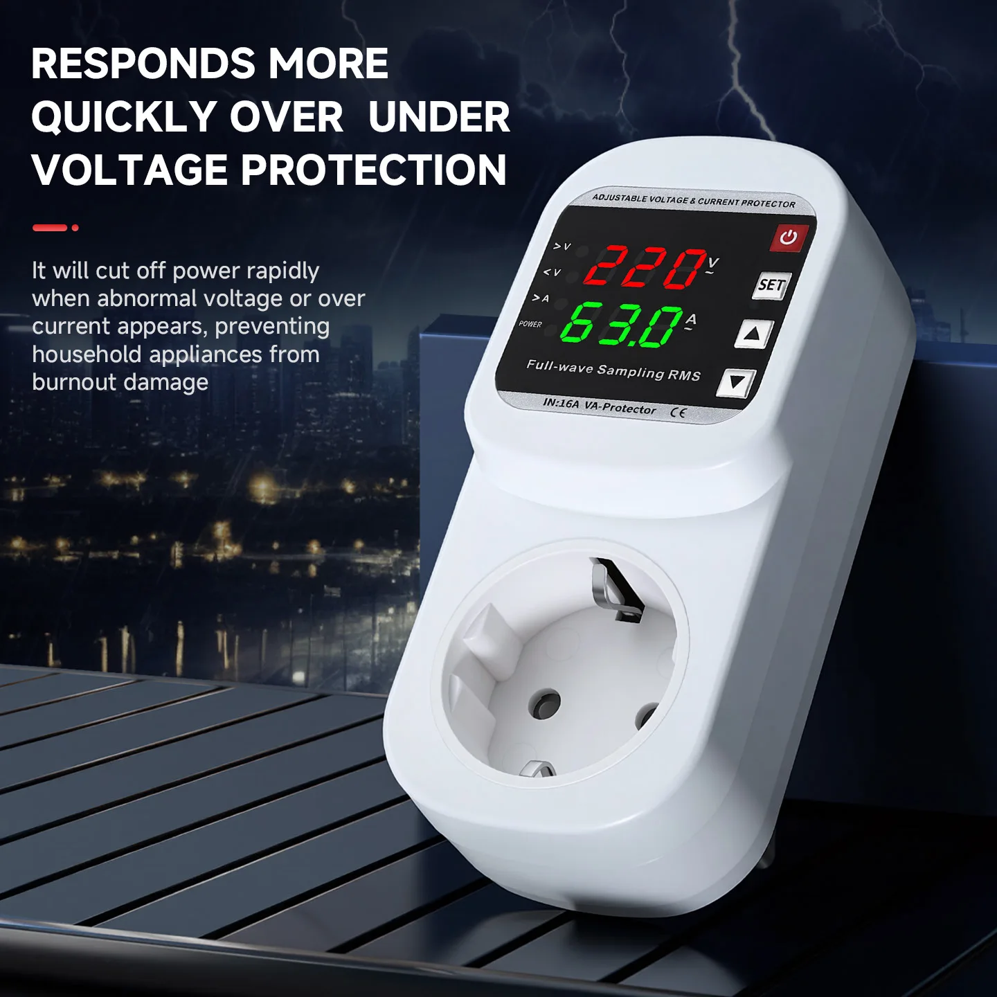 SHACHI Automatic Voltage Current Protector Socket AC 110V 220V Adjustable 16A Power Surge Protector EU Plug Socket