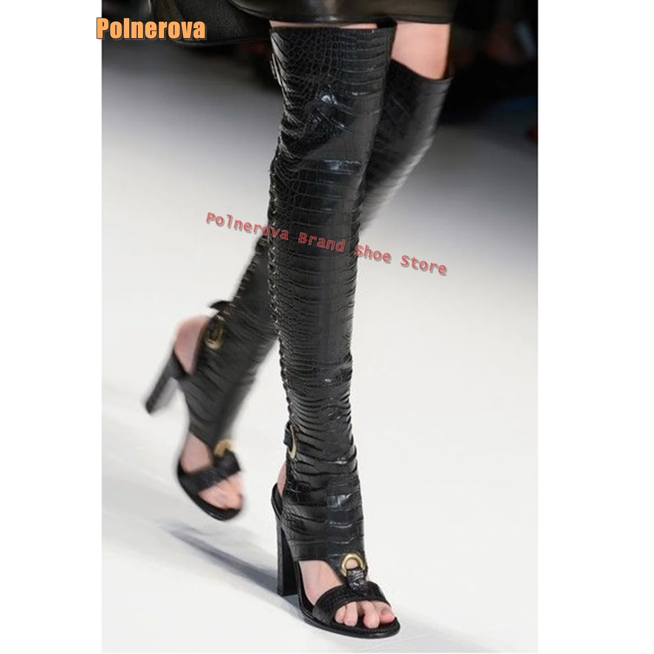 

Black Croc-Effect Metal Buckle Sexy Gladiator Open Toe Block Heel Slingback Cut Out Cross Tied Runway Show Over The Knee Boots