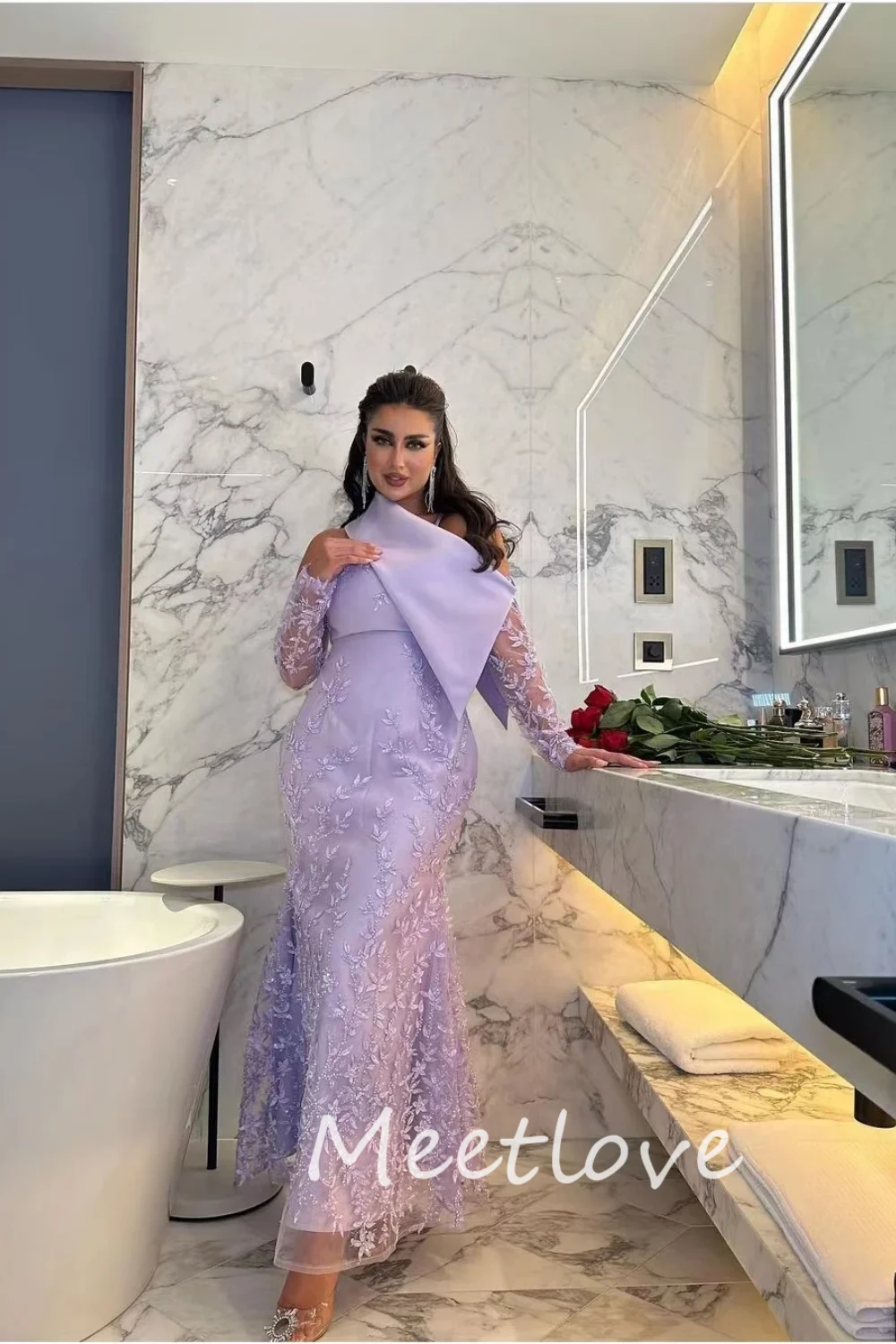 Meetlove 2024 Customized  Sheath Off Shoulder Long Sleeves Sequins Floor Length Saudi Formal Prom Dress Luxury Evening Gown