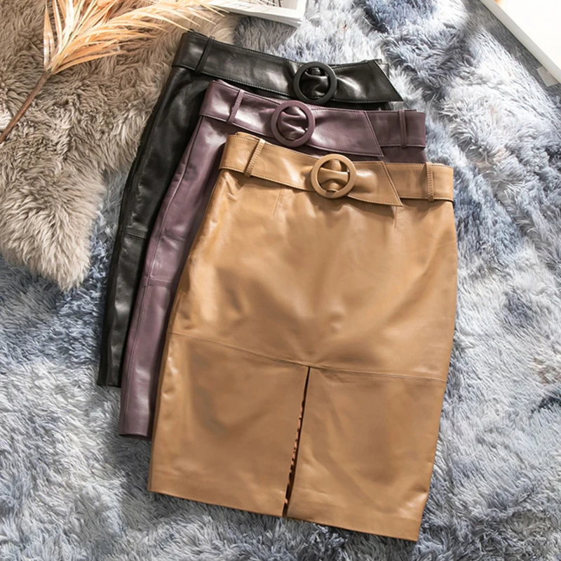 

Women's Genuine Leather Skirt 2025 New Mid-length Split Package Hip Sheepskin Skirt Chic Ladies High-waisted Belt Leather Skirt