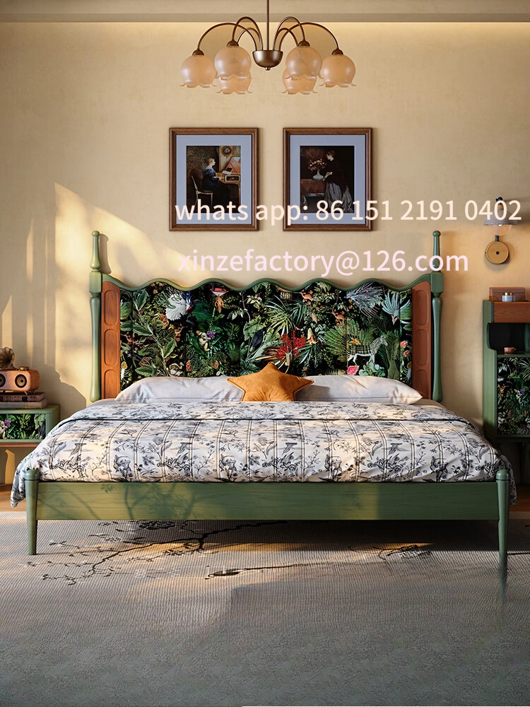 

Customizable French retro solid wood bed master bedroom double fabric medieval wave soft bag