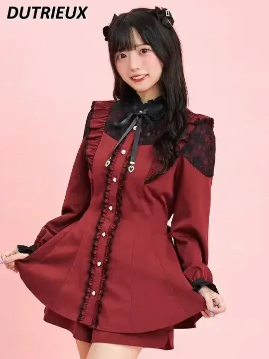 Traje japonés Sc primavera otoño nuevo encaje amor colgante Top Mine serie producida en masa camisa de manga larga y pantalones cortos conjunto de dos piezas