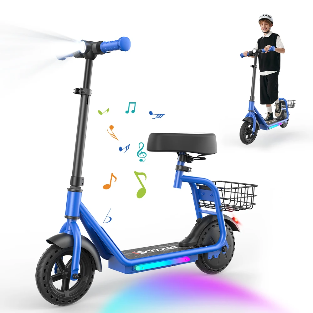 IScooter IK7 Elektrische Scooter voor Kinderen met Mandje & Afneembare Zitting 250W Motor 3 Snelheidsstanden 8,5 Inch Kinder Scooter Verstelbare Hoogte Bluetooth Muziekweergave E-Scooter Smart APP