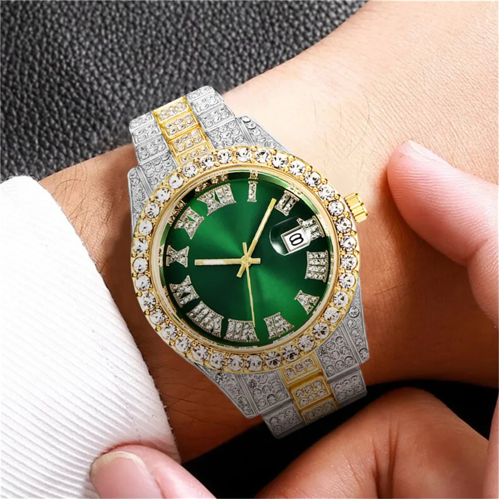 Fashion Full Diamond Men\'s Watch Stainless Steel Band Male Quartz Wristwatches Date Calendar Watches