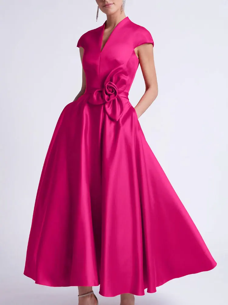 

A-Line Wedding Guest Dresses Cap Sleeves V Neck Pocket Satin with Bow(s) Elegant Dress Cocktail Party Tea Length 2024 Customized