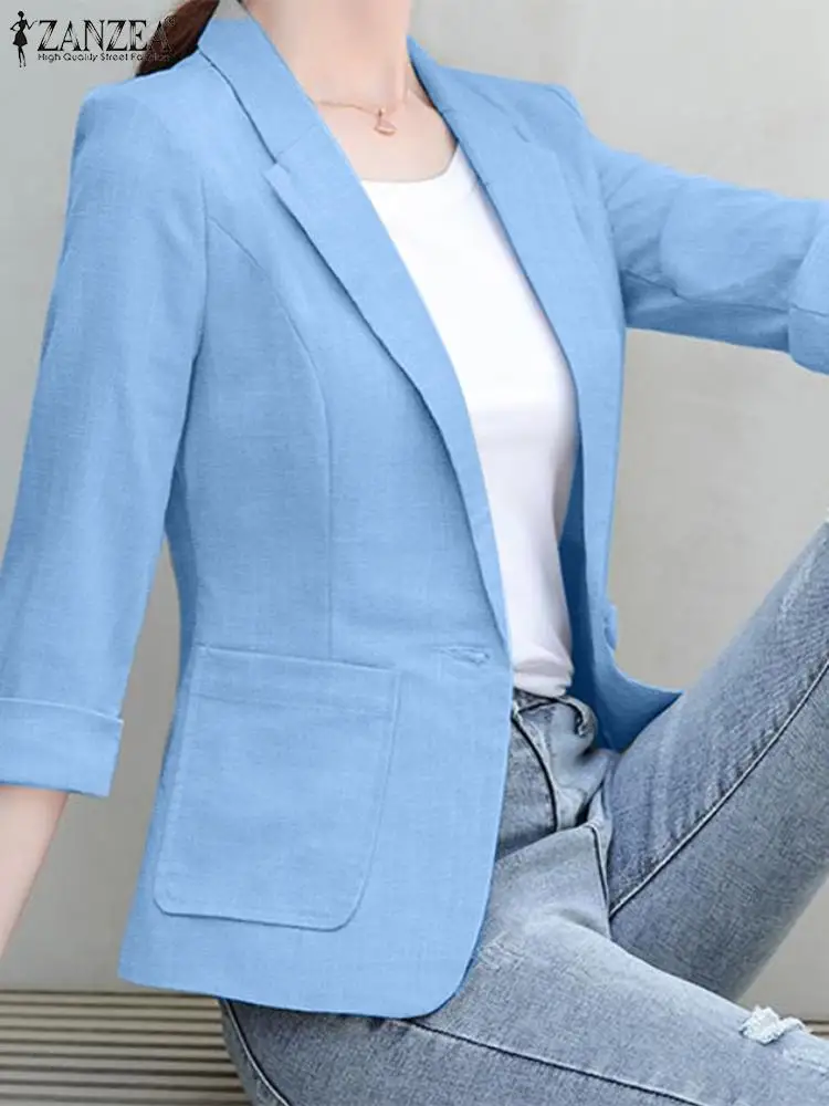 2024 Zanzea Vrouwen Blazer Herfst 3/4 Mouwen Elegante Office Ol Jassen Mode Losse Pak Kraag Casual Effen Kleur Zakken Uitloper