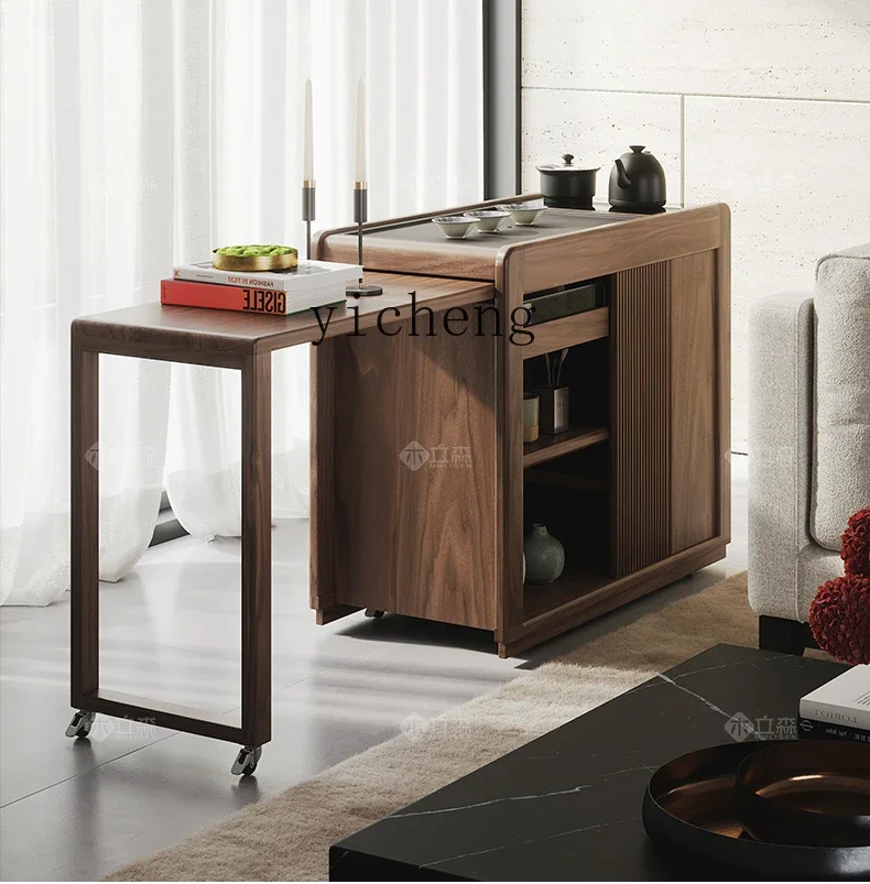 

Black Walnut Tea Cart Mobile Side Table Living Room Household Solid Wood Tea Table Balcony Tea Table