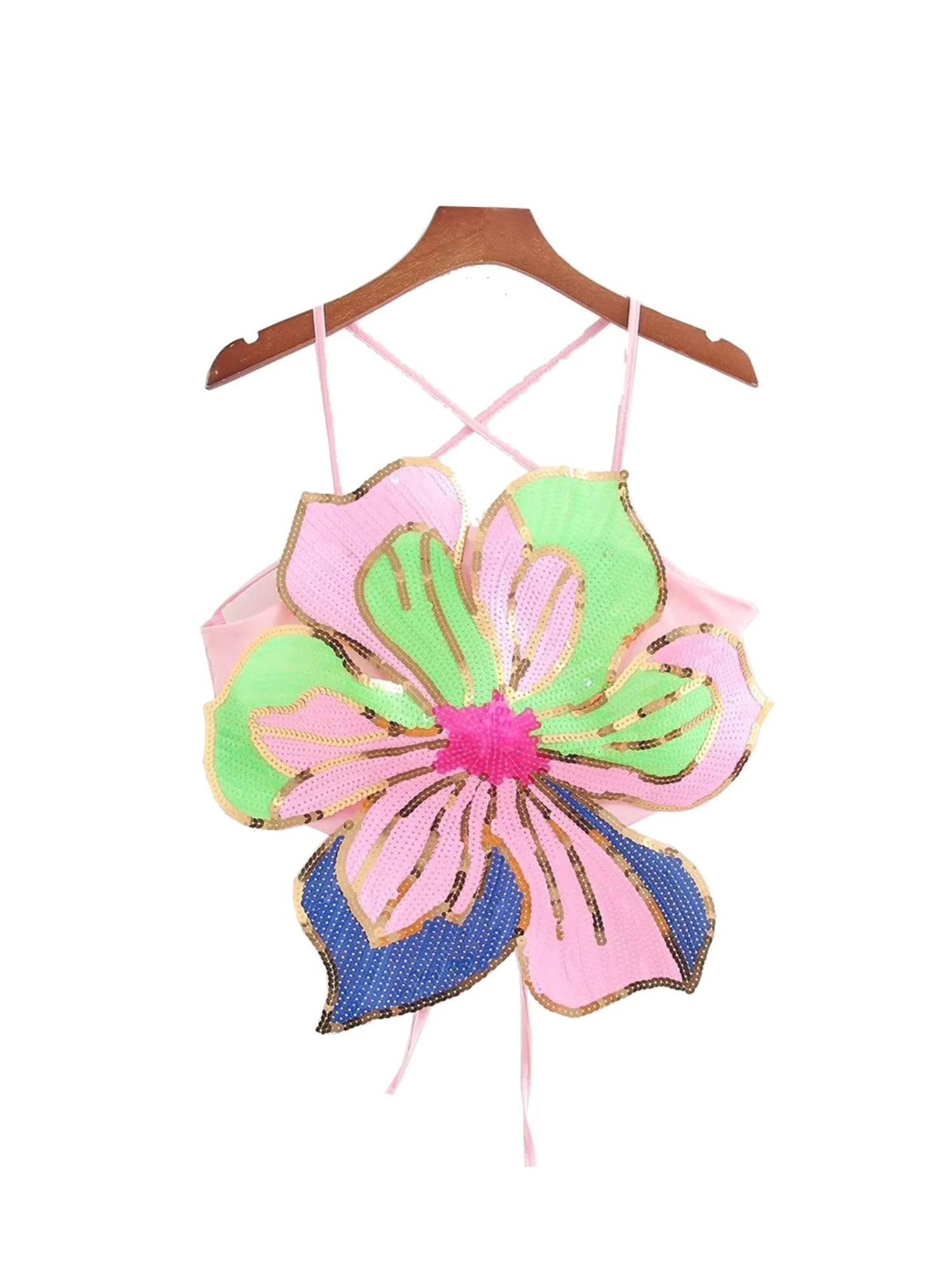 

Женский розовый укороченный топ с блестками и цветами, жилет без рукавов, корсет с открытыми плечами, топ Y2k, майка на шнуровке, винтажная одежда 2000-х годов, летняя одежда