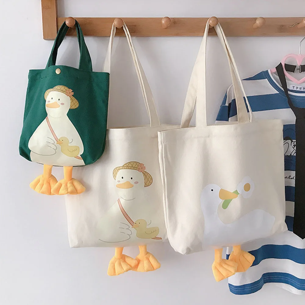 New Women Shoulder Shopper Bag Cute Duck Cartoon Print Casual Kawaii Canvas Tote Shopping Bag Cotton Cloth Eco Handbags tote bag