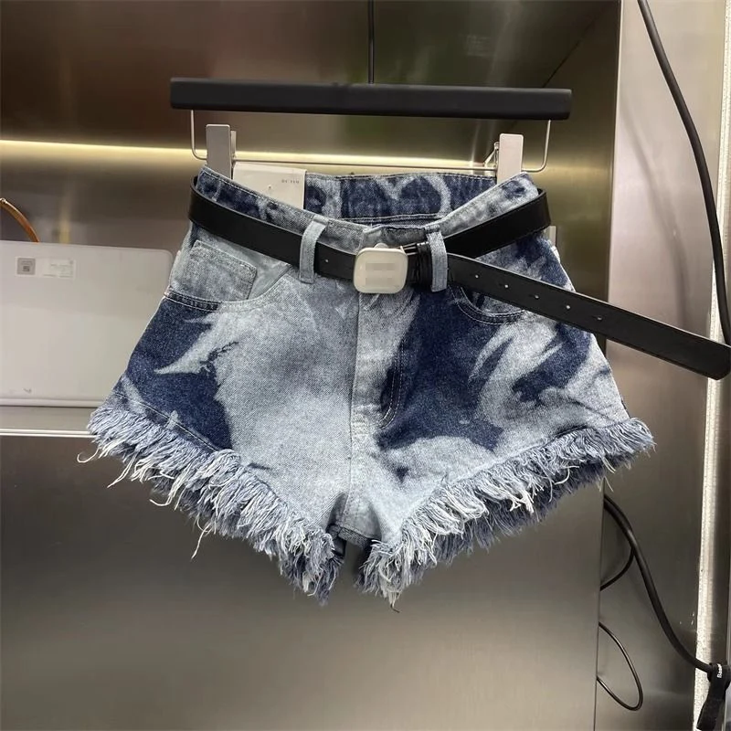 

2024 Summer New Street Trend Fur Fringe Design Feeling Old denim Hot Pants for Women short mujer jean shorts