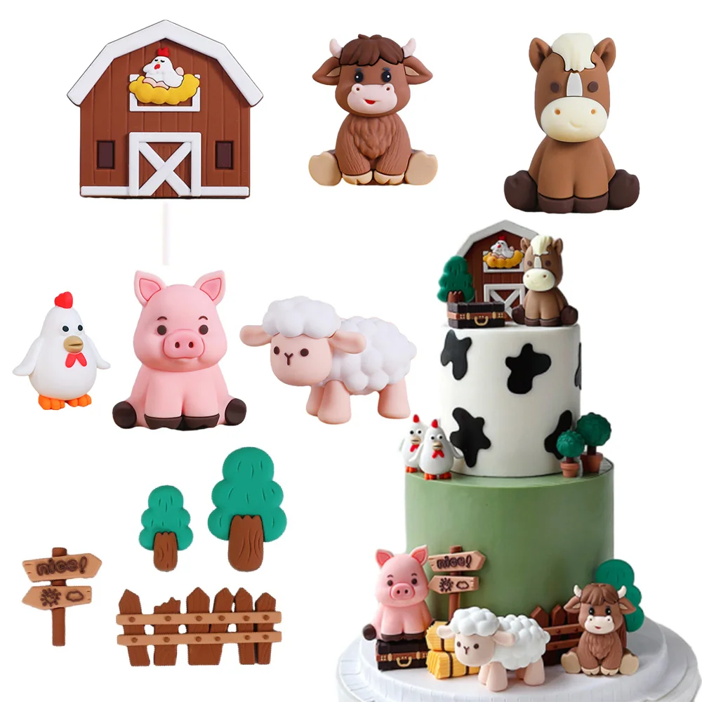 Ensemble de décorations de gâteau d'animaux de ferme, Figurines de vache, de cochon et de poulet pour fête d'anniversaire de ferme, réception-cadeau pour bébé, révélation du sexe, décoration de fête
