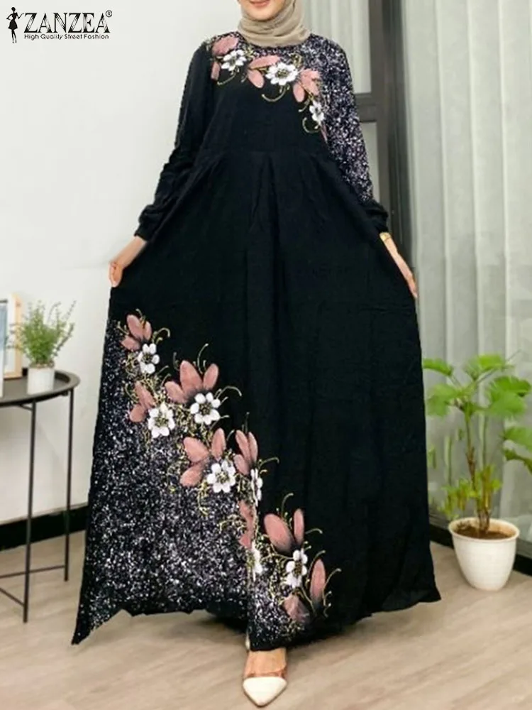 ZANZEA Bohemain Floral Printed Muslim Dress Robe Femme Ramadan Sundress Dubai Turkey Abaya Women Stylish Long Sleeve Vestidos