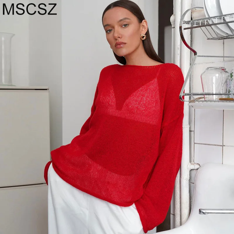 MSCSZ Women\'s Oversize Sweater 2024 Trend Transparent Knitted Sweater Autumn Cozy Sweaters Pullover O-Neck Long Sleeve Tops Red