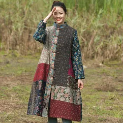 Winter Cotton Linen Contrast Color Long Cotton-Padded Jacket Women's Loose Warm Retro New Chinese Printed Patchwork Unique Coat