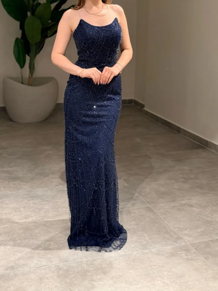 A2513 Elegancka Granatowa Suknia Wieczorowa Damska z Perłami Syrena Długa Do Podłogi na Wesele, Imprezę, Bal, Okazję, Szyta na Miarę