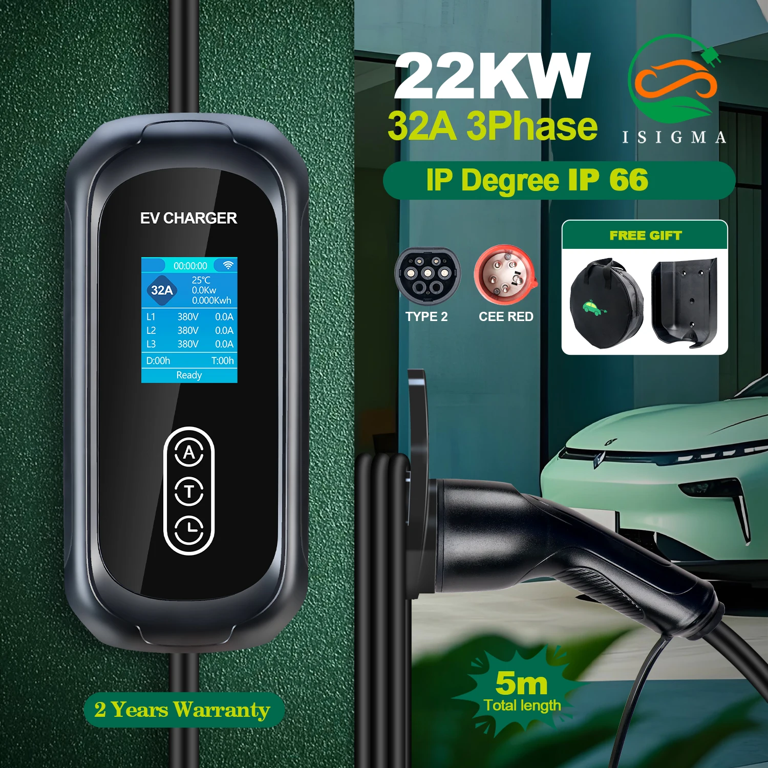 Isigma – chargeur EV Portable 32a 22kw, boîte murale de chargement de Type 2, Via l'application Tuya, ensemble Wifi, temps de charge, véhicule électrique, voitures hybrides 5M