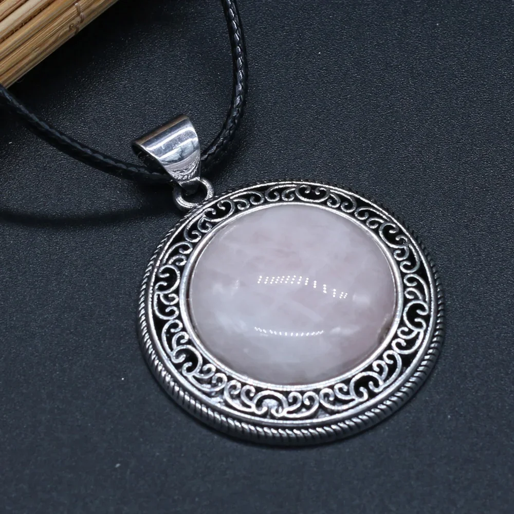 Retro Round Natural Tiger Eye Stone Rose Quartz Opal Necklace Temperament Pendant Charm for Jewelry Gifts 38X43mm